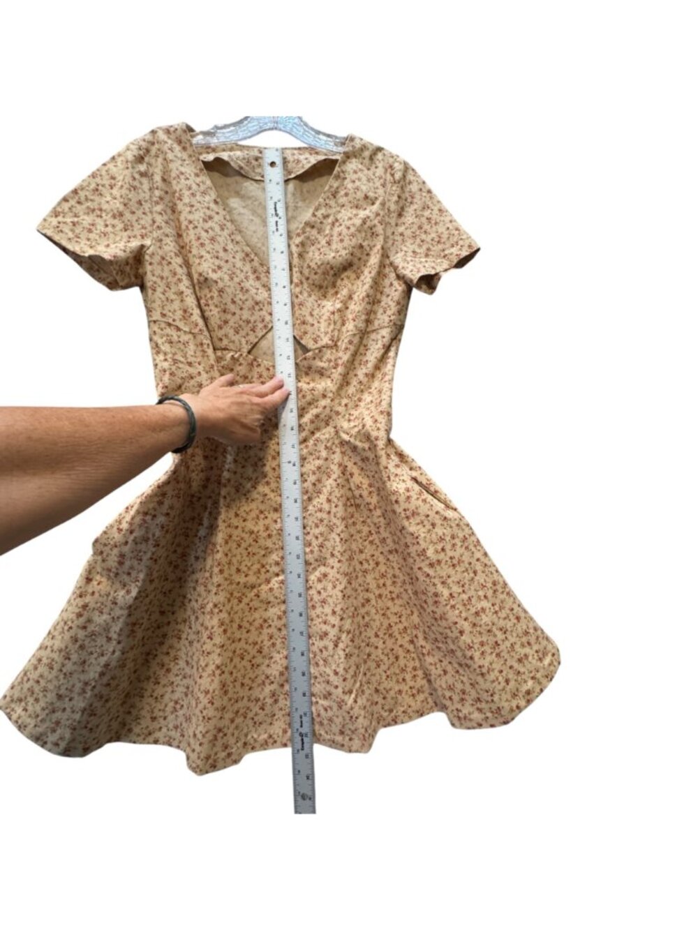 Vintage Inspired Ditsy Floral Mini Dress Beige with Red Roses and Cutout Detail - Picture 9 of 9